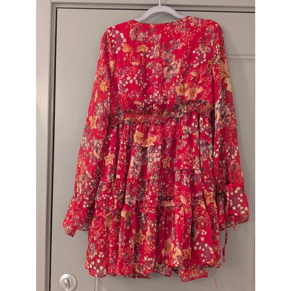 Women's Free People M Red Floral Long Sleeve Ruffle Mini Dress - Picture 5 of 12